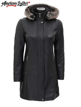 Jean Womens Black Real Leather Hooded Shearling Coat